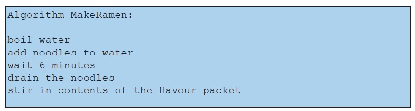 Algorithm: MakeRamen
boil water
add noodles to water
wait 6 minutes
drain the noodles
stir in contents of the flavour packet